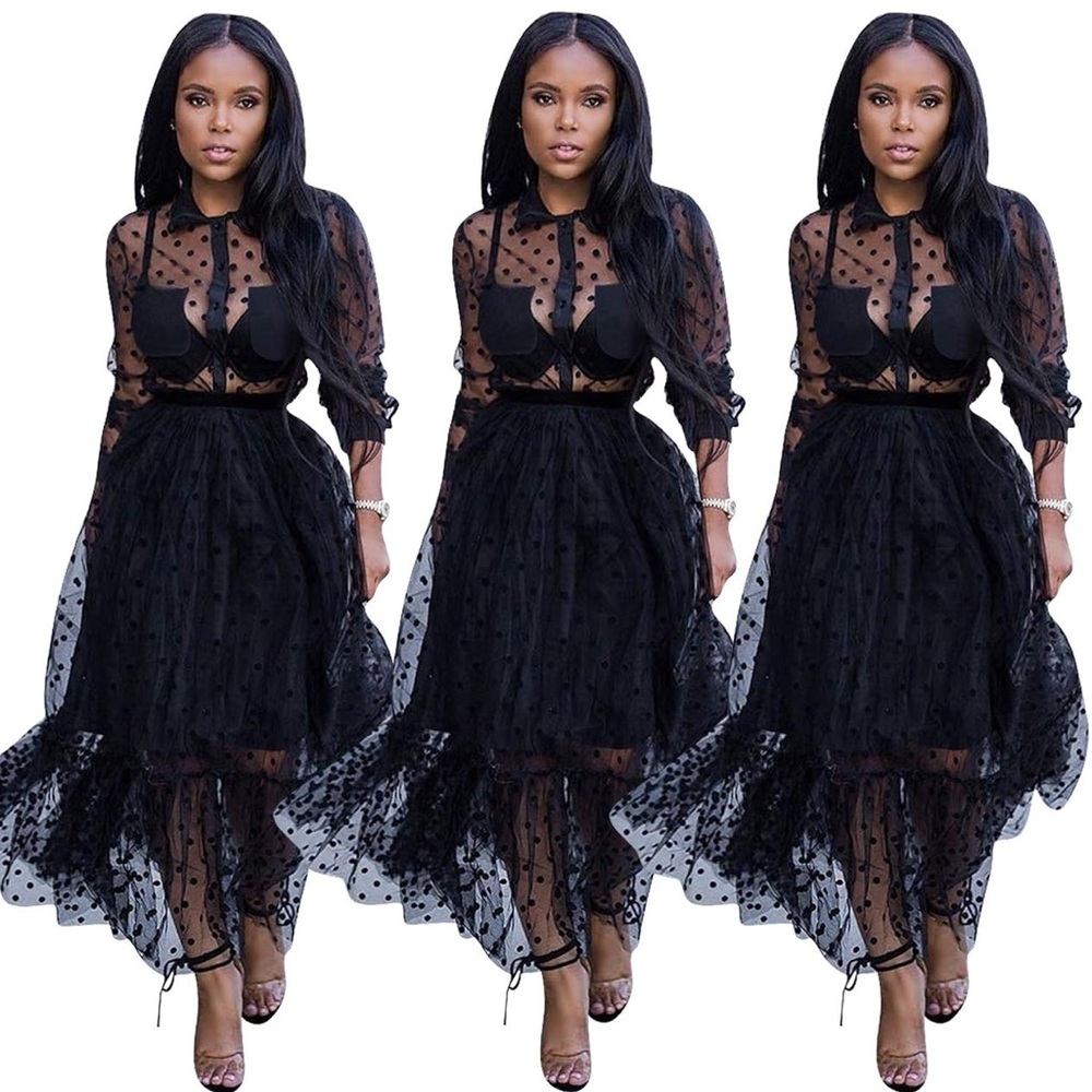Sheer Black Polka Dot Long Sleeve Midi Dress